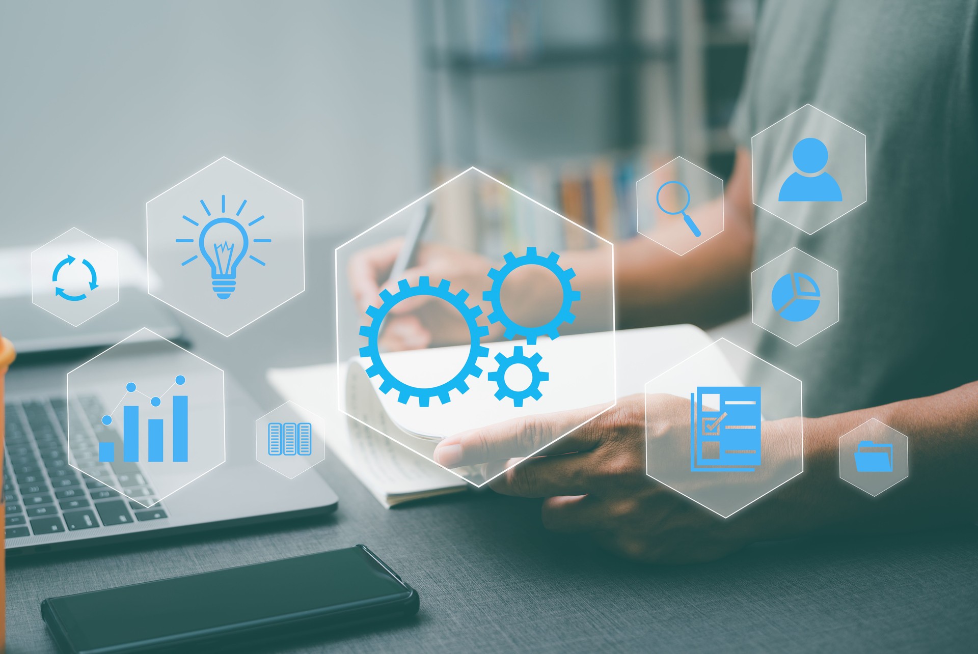 Businessman analyze processes and automate workflows with flowcharts,problem solving concepts, efficiency improvements, monitoring and evaluation,quality control,management analysis and development.